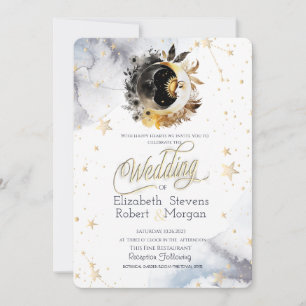 Invitation Or Céleste Soleil, Lune, Étoiles Fleurs Mariage