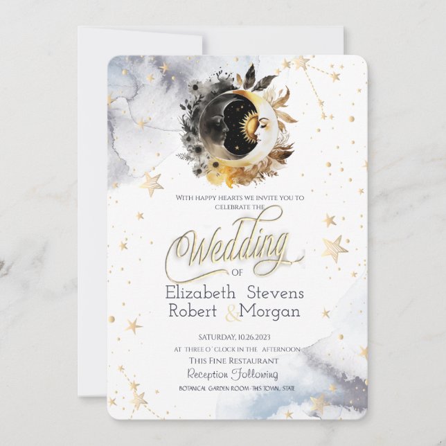 Invitation Or Céleste Soleil, Lune, Étoiles Fleurs Mariage (Devant)