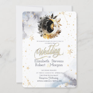 Invitation Or Céleste Soleil, Lune, Étoiles Fleurs Mariage