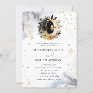 Invitation Or Céleste Soleil, Lune, Étoiles Fleurs Mariage