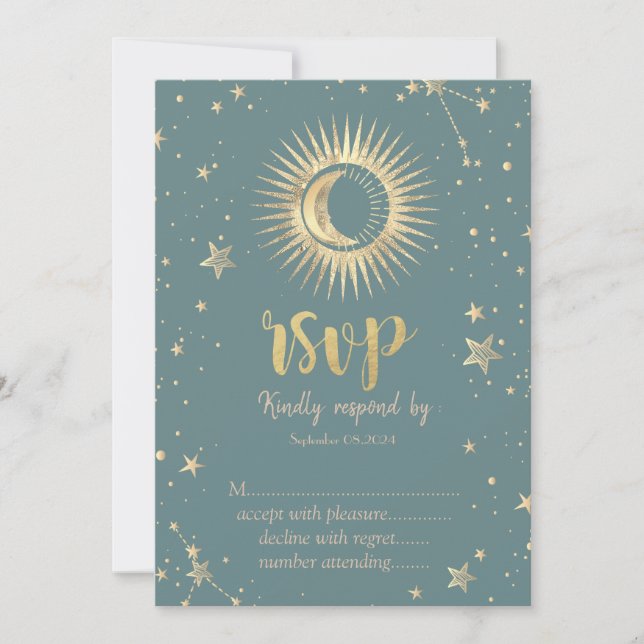 Invitation Or Céleste Soleil Lune Étoiles Menthe Vert RSVP (Devant)