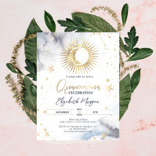 Invitation Or céleste Soleil, Lune, Etoiles Quinceanera