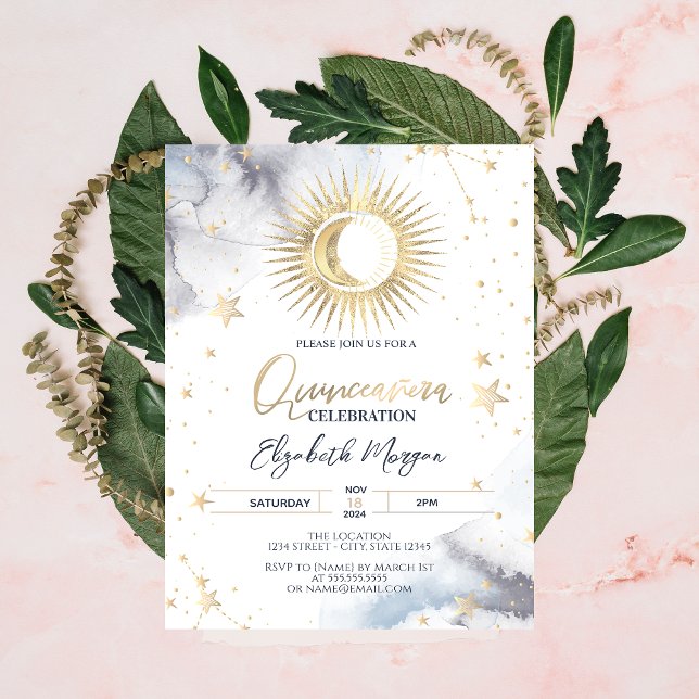 Invitation Or céleste Soleil, Lune, Etoiles Quinceanera (Créateur téléchargé)