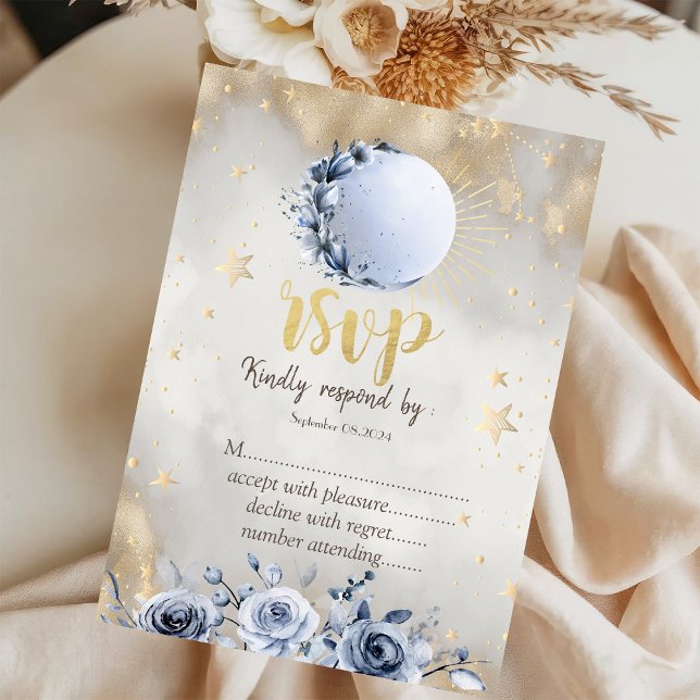 Invitation Or Céleste Soleil, Roses de Lune Étoiles RSVP (Créateur téléchargé)