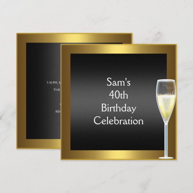 Invitation Or Champagne Noir 40e Anniversaire (Devant / Derrière)