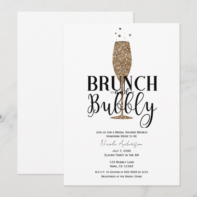 Invitation Or Champagne Noir Blanc Bulles Mariage Shower (Devant / Derrière)