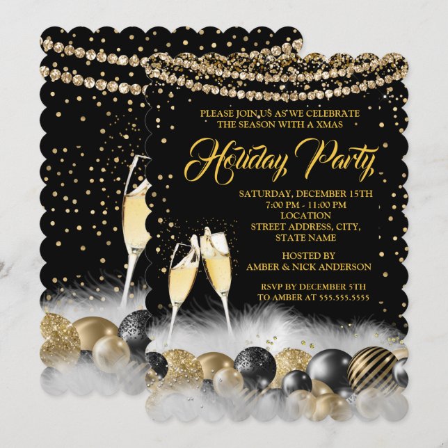 Invitation Or Champagne Noir Fête de Noël 2 (Devant / Derrière)