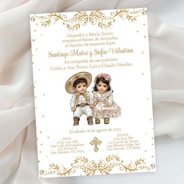 Invitation Or Charro et Charra Twin Baptême Espagnol (Gold Charro and Charra baptism invitation. Simply add your event details. )