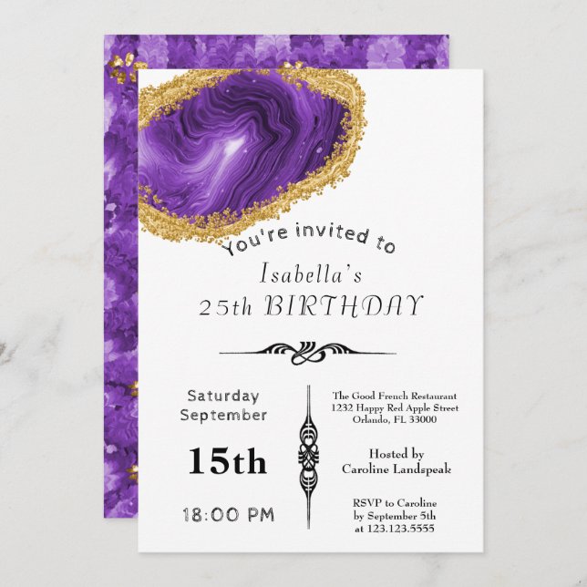 Invitation Or Chic Purple Agate doré pour Anniversaire (Devant / Derrière)