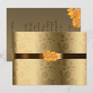 Invitation Or & Chocolat Brun, Fleurs Jaunes Mariage