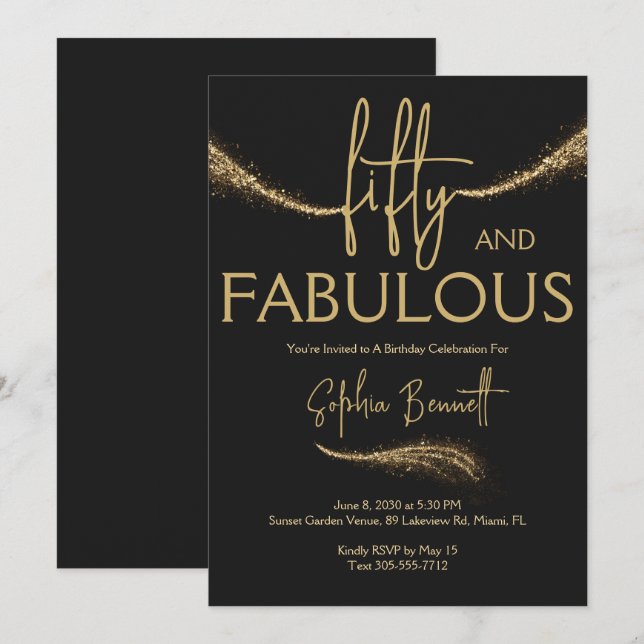 Invitation Or Cinquante et Fabuleux Script Fête d'anniversair (Devant / Derrière)