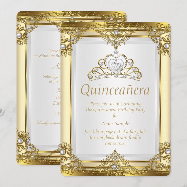 Invitation Or Crème Blanc Perle Princesse Quinceanera (Devant / Derrière)