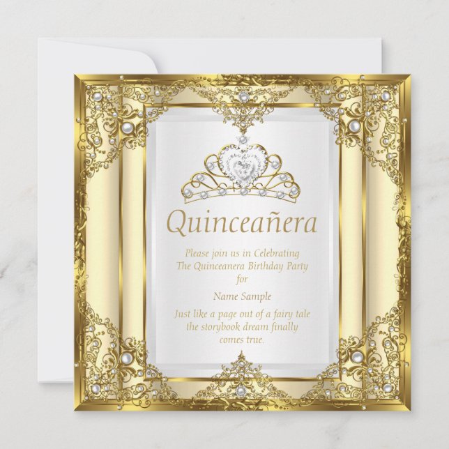 Invitation Or Crème Blanc Perle Princesse Quinceanera (Devant)