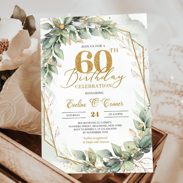 Invitation Or de la feuille de verdure botanique moderne 60e  (Elegant botanical green eucalyptus gold geometric 60th birthday invitation downloadable)