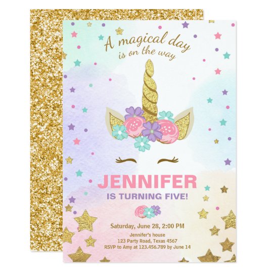 Invitation Or De Rose D Invitation D Anniversaire De Licorne Zazzle Fr