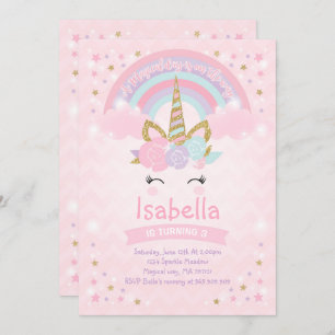 Invitation Or de rose d'invitation d'anniversaire de licorne