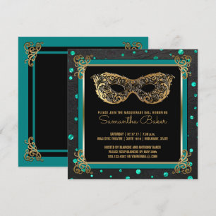 Invitation Or de Teal de sweet sixteen de boule de mascarade