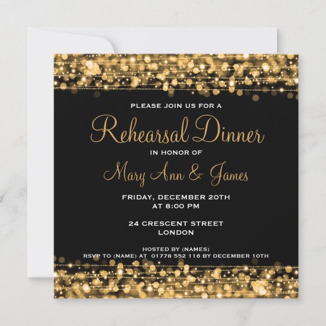 Invitation Or d'étincelles de dîner de répétition de mariage (Devant)