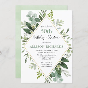 Invitation Or d'eucalyptus toute fête d'anniversaire adulte
