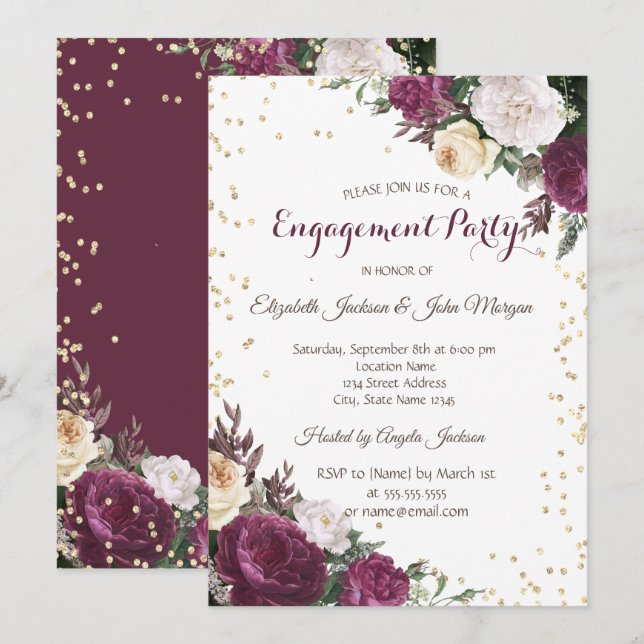 Invitation Or Diamants Bourgogne Floral Engagement (Devant / Derrière)