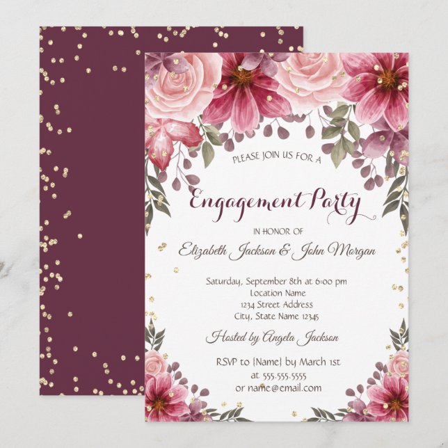 Invitation Or Diamants Floral Bourgogne Alliance (Devant / Derrière)