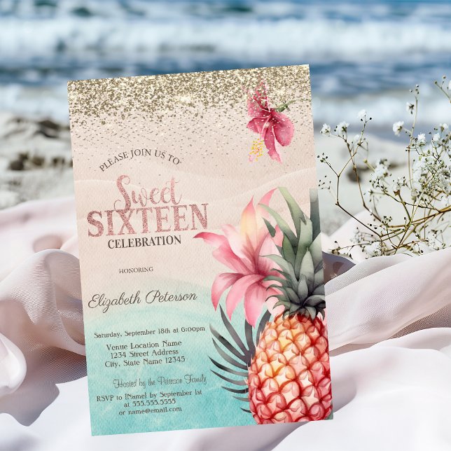 Invitation Or Diamants, Hibiscus Plage Ananas Douce 16 (Créateur téléchargé)