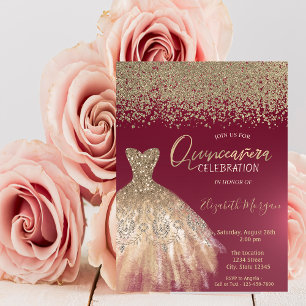 Invitation Or Diamants, Robe Élégante Burgundy Quinceanera