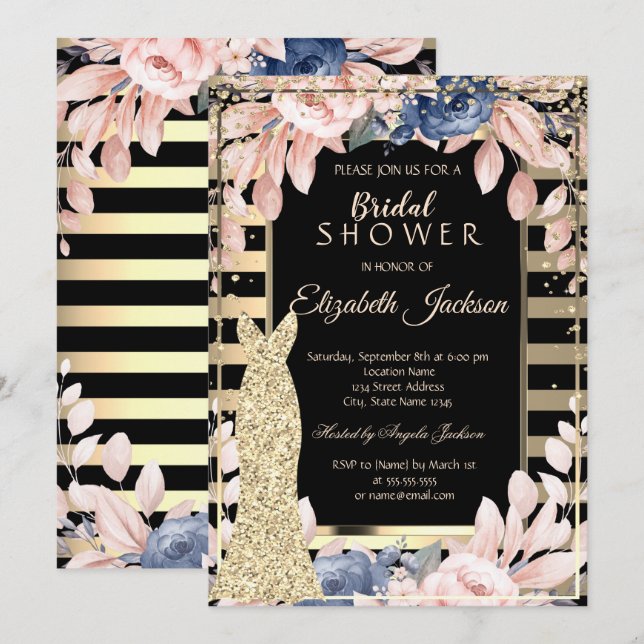 Invitation Or Diamants,Robe rayée Fleurs Mariage  (Devant / Derrière)