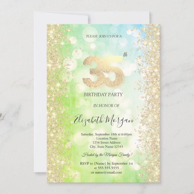Invitation Or Diamants Vert Bleu Bokeh 35e Anniversaire (Devant)