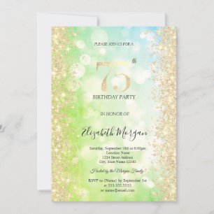 Invitation Or Diamants Vert Bleu Bokeh 75e Anniversaire
