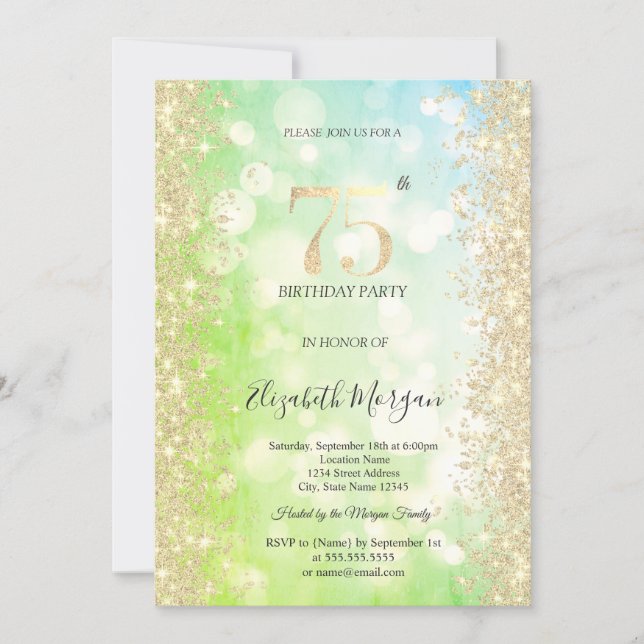 Invitation Or Diamants Vert Bleu Bokeh 75e Anniversaire (Devant)