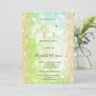 Invitation Or Diamants Vert Bleu Bokeh 75e Anniversaire