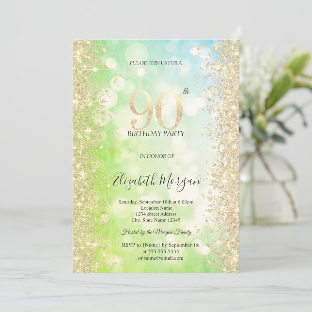 Invitation Or Diamants Vert Bleu Bokeh 90e Anniversaire   (Debout devant)