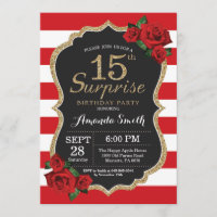 Or d'invitation d'anniversaire de rose rouge de