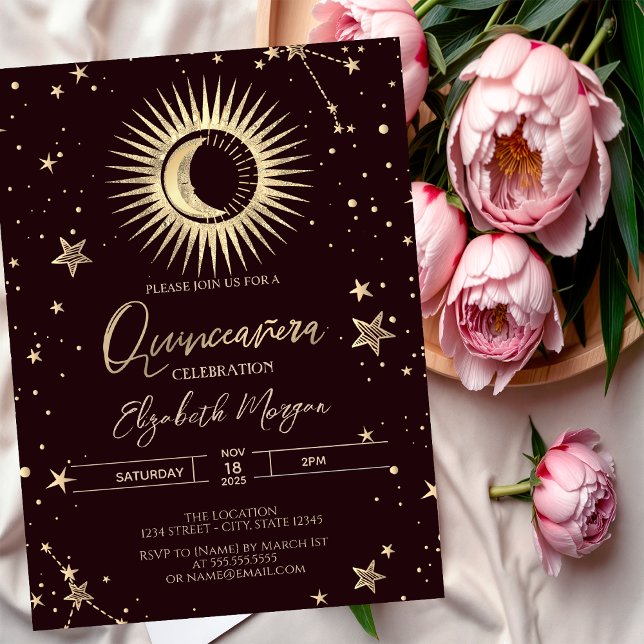 Invitation Or doré céleste Lune Étoiles Quinceanera foncé (Créateur téléchargé)