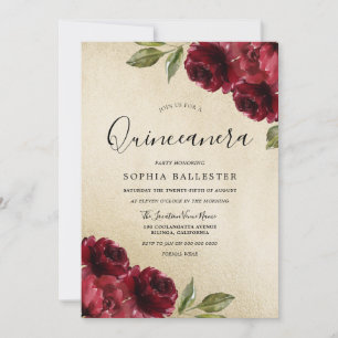 Invitation Or Elegant Bourgogne Fleurs Rouges Quinceanera