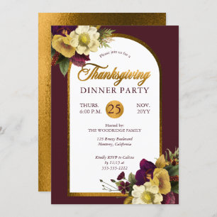 Invitation Or élégant Bourgogne Floral Thanksgiving