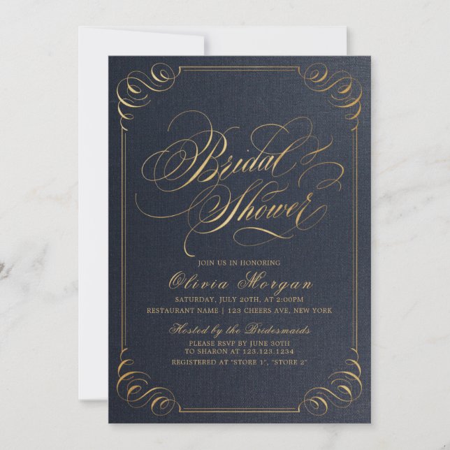 Invitation Or élégant calligraphie Baby Shower Marin (Devant)