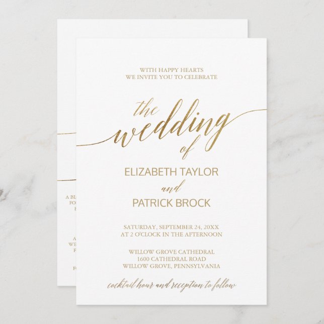 Invitation Or élégant | Cocktail Heure et détails Mariage (Devant / Derrière)