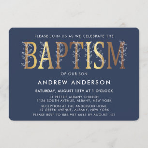 Invitation Or Élégant Et Baptême Bleu Marine