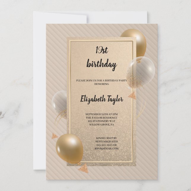 Invitation or élégant et noir avec ballons anniversaire (Devant)