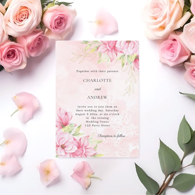 Invitation Or élégant floral rose pour mariage (Créateur téléchargé)