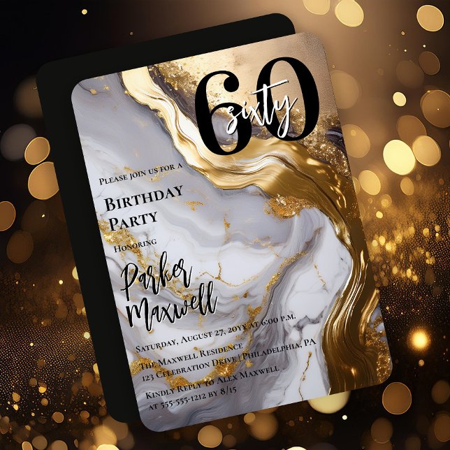 Invitation Or élégant | Marbre blanc Moderne 60 Anniversaire (Sleek Faux Gold and White Marble Modern "60" 60th Birthday Party Invitation - Print | Digital )