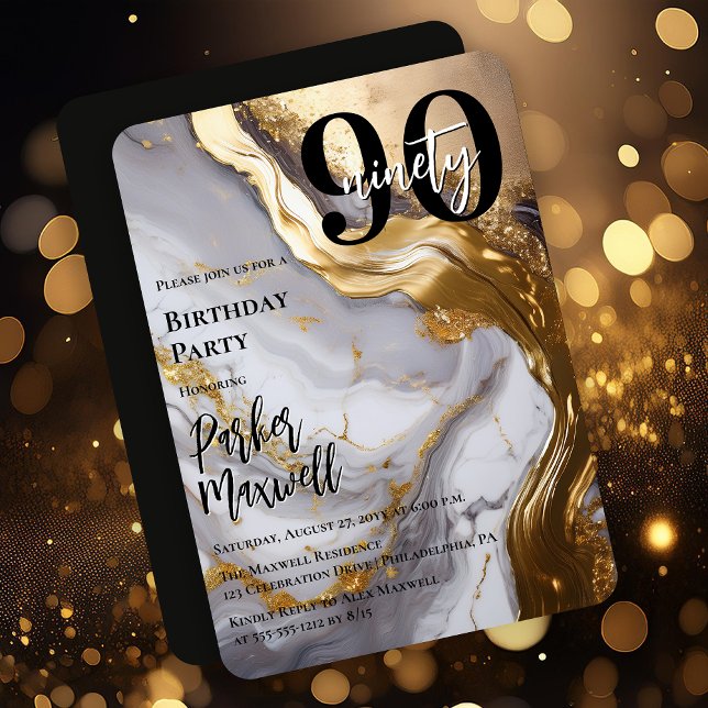 Invitation Or élégant | Marbre blanc Moderne 90 Anniversaire (Sleek Faux Gold and White Marble Modern "90" 90th Birthday Party Invitation - Print | Digital )