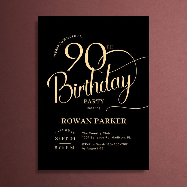 Invitation Or élégant pour les 90 ans - Écriture élégante (Créateur téléchargé)