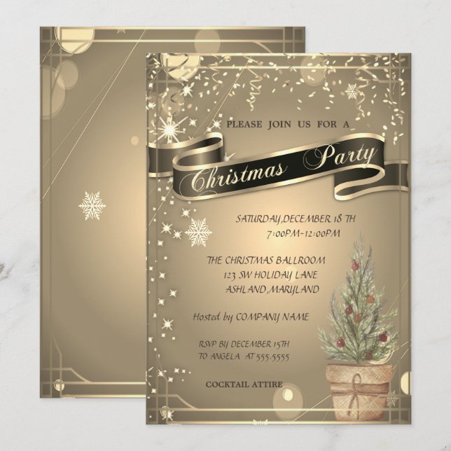 Invitation Or Élégant, Société du Pin de Noël (Devant / Derrière)