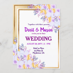 Invitation Or encadré violet et or floral