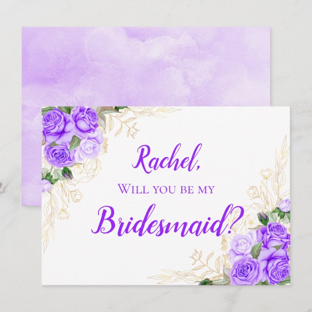 Invitation Or et aquarelle Floral Violet Roses Bridesmaid (Devant / Derrière)