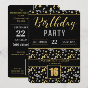Invitation Or et argent sur Noir 16e anniversaire Confetti