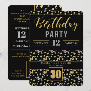 Invitation Or et argent sur Noir 30e anniversaire Confetti